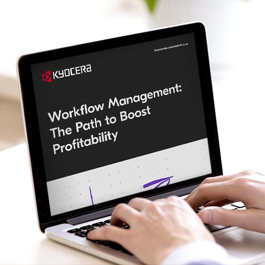 Workflow development: The Key to Increase Profitability. laptop with the ebook